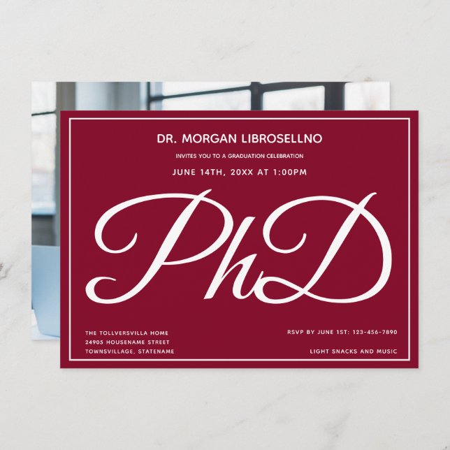Photo Burgundy PhD Graduation Party Invitation (Front/Back)