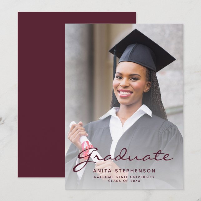 Photo Burgundy Script Graduation Announcement (Front/Back)