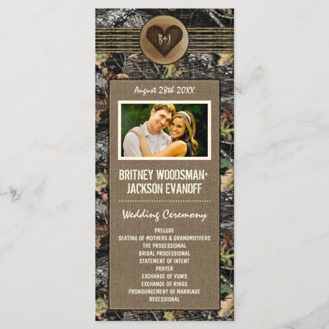 Photo Burlap + Carved Heart Camo Wedding  Programs (Front)