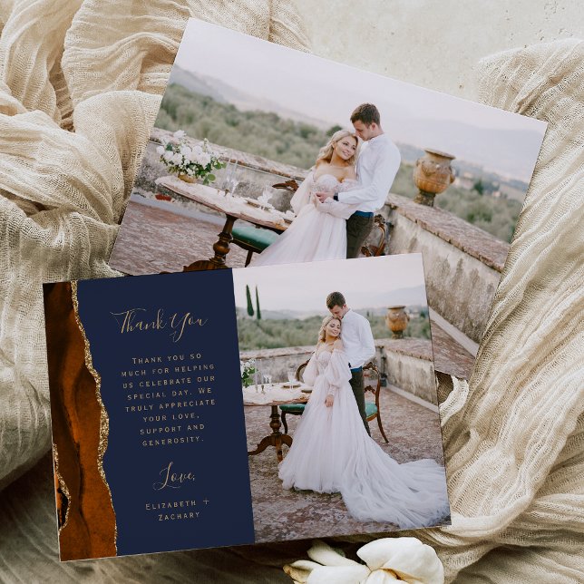 Photo Burnt Orange Agate Gold Script Navy Wedding Thank You Card (Creator Uploaded)