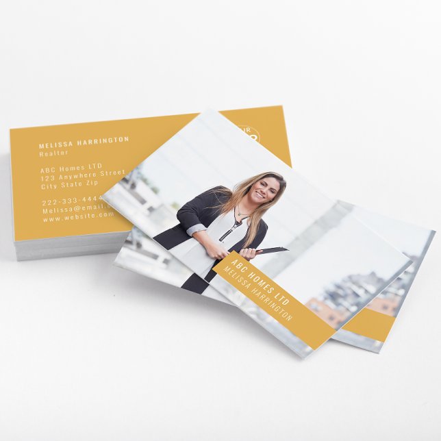 Photo Business Card |Easy Custom Branding | Yellow (A modern yellow photo business card with company logo & photo of a woman in a professional suit.)