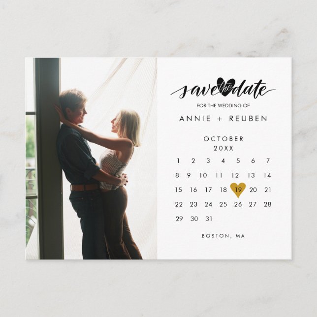 Photo Calendar Elegant Gold Heart Save the Date  Announcement Postcard (Front)