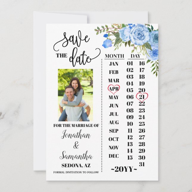 Photo calendar save the date Blue floral wedding Invitation (Front)