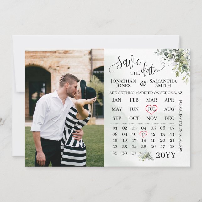 Photo calendar save the date Eucalyptus greenery Invitation (Front)