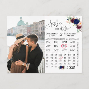 Photo calendar save the date navy burgundy wedding postcard