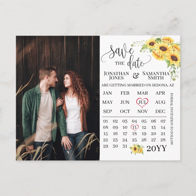 Photo calendar save the date sunflowers wedding postcard (Front)