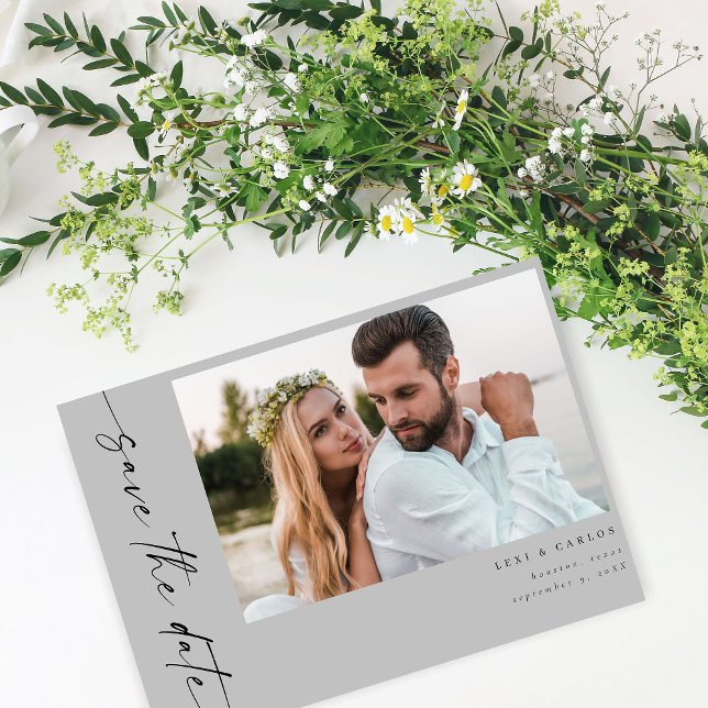 Photo & Calligraphy 4 Mod Horiz Save the Date-Grey Invitation (Creator Uploaded)