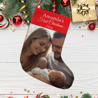 Photo Calligraphy Baby First Christmas Personalise Small Christmas Stocking