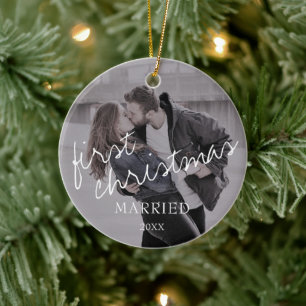 Photo Calligraphy Script 1st Christmas Married Ceramic Ornament