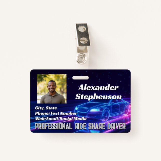 Photo Car Driving Lyft Uber Driver Rideshare ID ID Badge (Front with Clip)