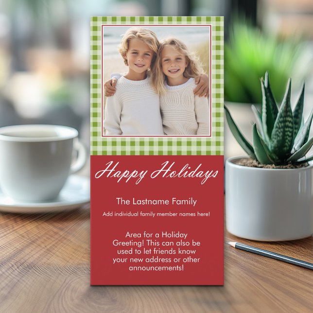 Photo Card: Happy Holidays Red Green Gingham Holiday Card (Classic Christmas Photo Card)