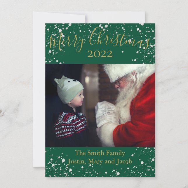  Photo Card Snow Merry Christmas Green Gold  (Front)