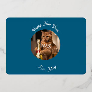 Photo Cat Custom Pet Name New Year Foil Holiday Card