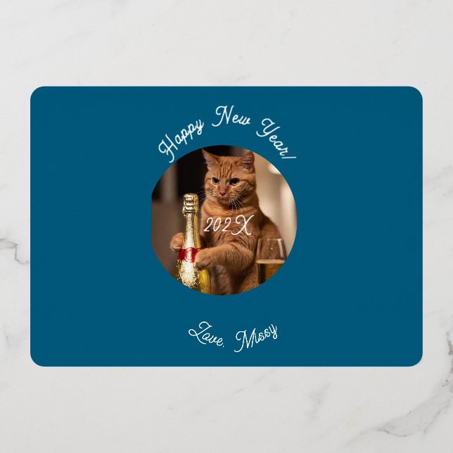 Photo Cat Custom Pet Name New Year Foil Holiday Card (Front)