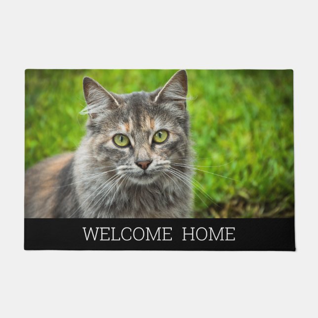 Photo cat kitten welcome home black doormat (Front)