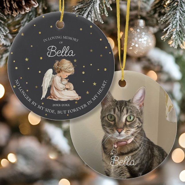 Photo Cat Pet Memorial  Ceramic Ornament (Front and Back of Photo Pet Memorial Ornament with Angel )