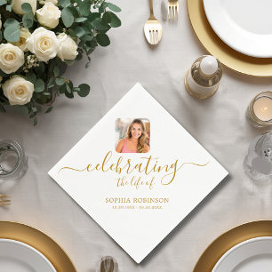 Photo Celebrating The Life Gold Script Funeral Napkin