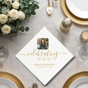  Photo Celebrating The Life Gold Script Funeral Napkin