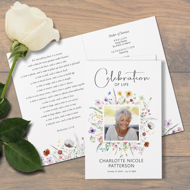Photo Celebration of Life Funeral Program  Flyer (Dainty wildflowers Celebration of Life funeral memorial program, 5.5" x 8.5" after you fold them)