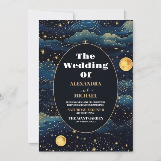 Photo Celestial Midnight Blue Stars Moon Wedding Invitation (Front)