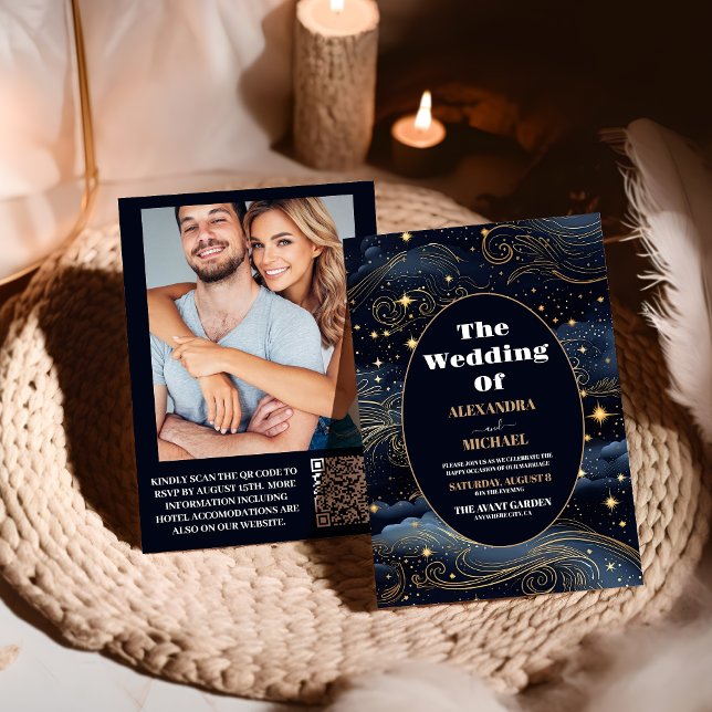 Photo Celestial Midnight Blue Stars Moon Wedding Invitation (Creator Uploaded)