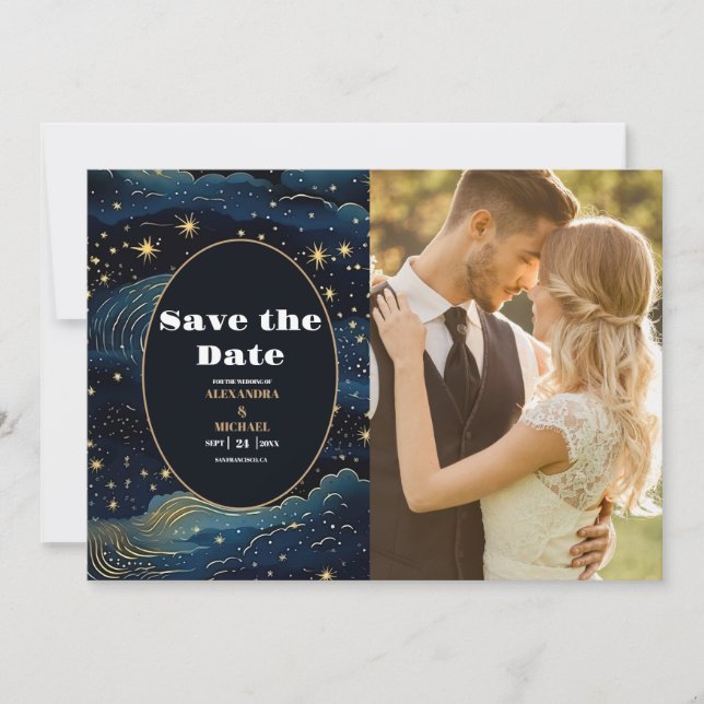 Photo Celestial Midnight Blue Stars Moon Wedding Save The Date (Front)