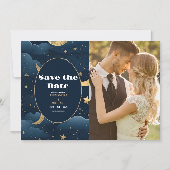 Photo Celestial Midnight Blue Stars Moon Wedding Save The Date (Front)