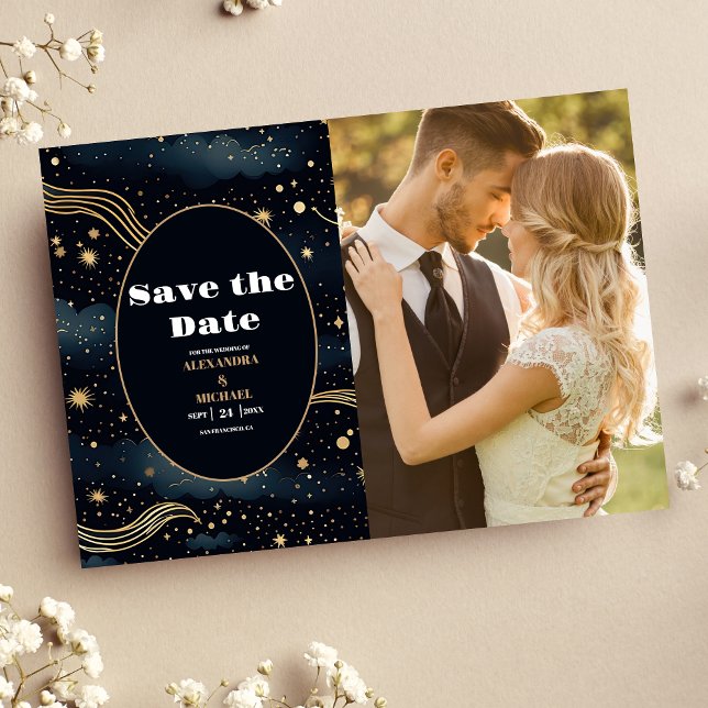Photo Celestial Midnight Blue Stars Moon Wedding Save The Date (Creator Uploaded)