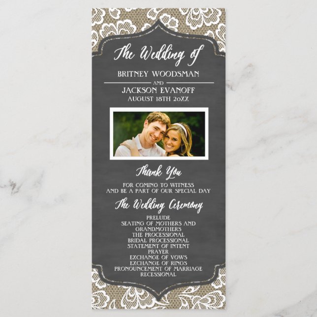 Photo Chalkboard Burlap Lace Wedding Programs (Front)