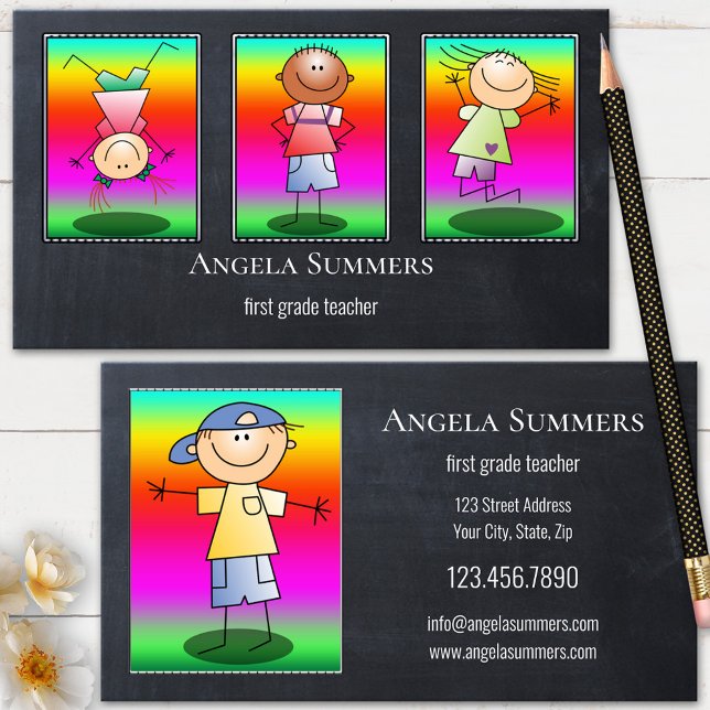 Photo Chalkboard Teacher Custom Illustrations Business Card (Business card featuring your photos or illustrations on chalkboard - teacher - blackboard - cute)
