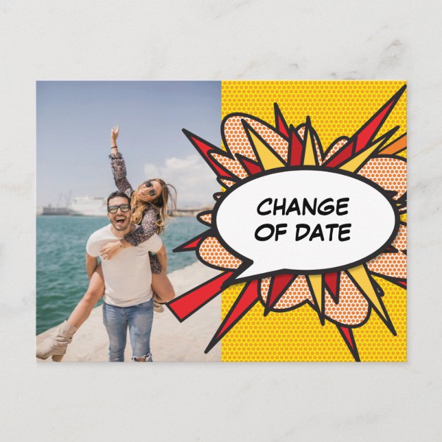Photo Change of Date Postponed Fun Comic Book Postcard (Front)