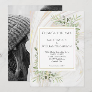 Photo Change the Date Greenery Leaves Marble Swirl Save The Date