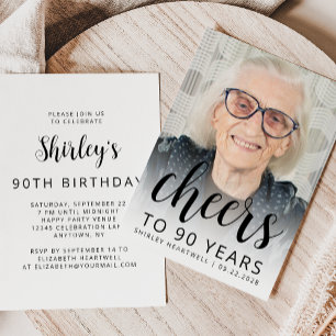 Photo Cheers Black Script 90th Birthday Party Invitation