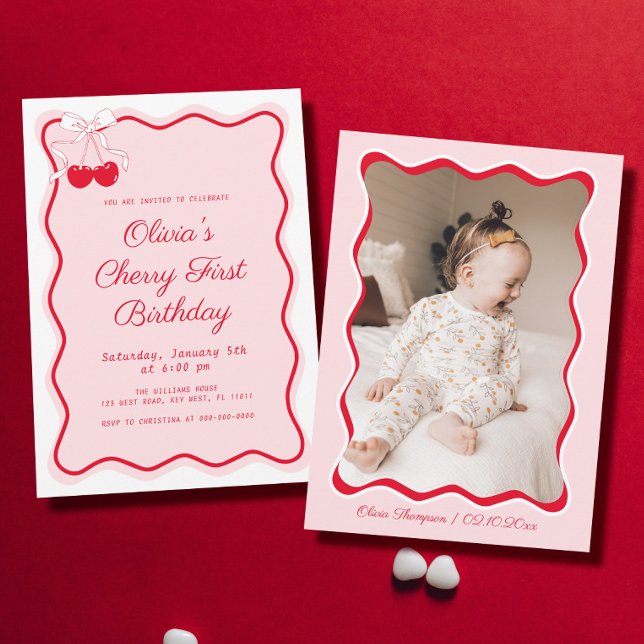Photo Cherry 1st Birthday Party Invitation (Creator Uploaded)
