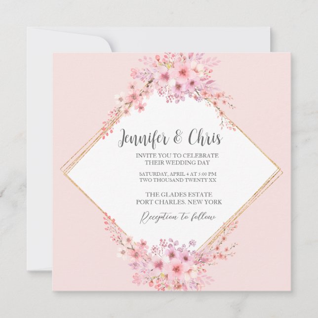  Photo Cherry Blossom QR Code Wedding Invitation (Front)