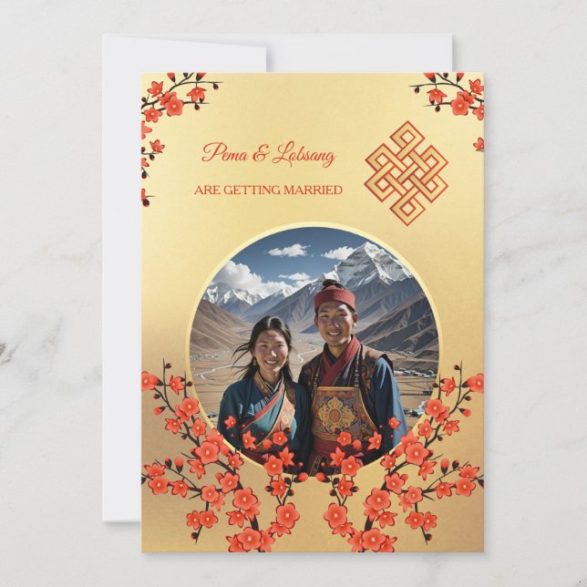 Photo Cherry Blossom Tibetan Wedding Invitation (Front)