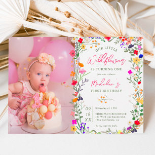 Photo chic boho bright wild flowers 1st birthday invitation