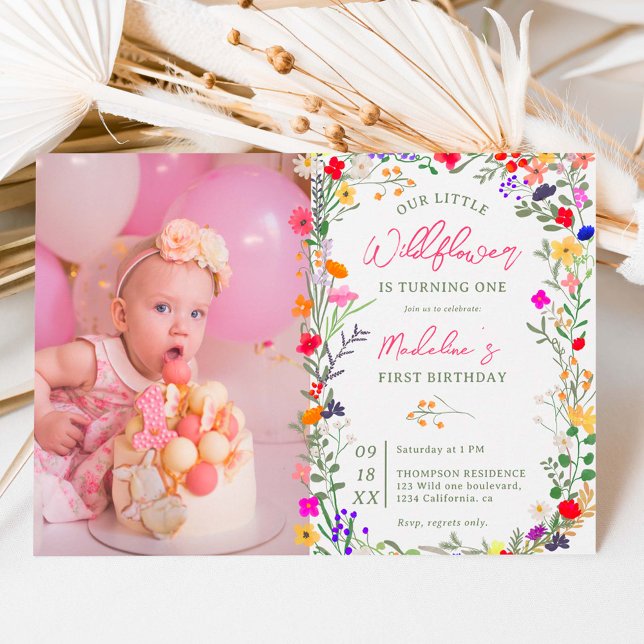 Photo chic boho bright wild flowers 1st birthday invitation (Creator Uploaded)