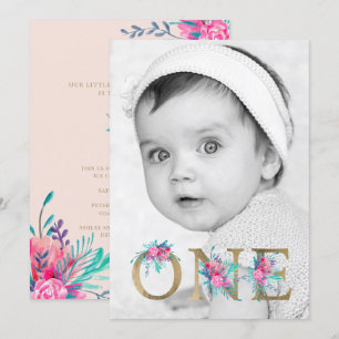 Photo chic gold floral letter 1st birthday blush invitation