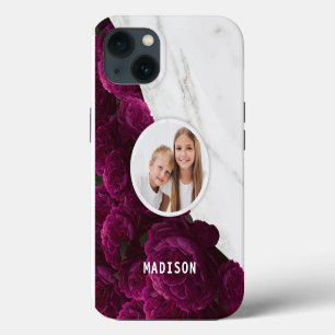 Photo Chic Modern Purple Floral Marble Custom Name iPhone 13 Case
