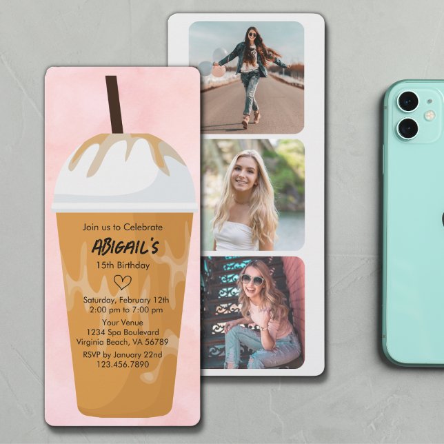 Photo Chic Trendy Blush Pink Iced Coffee Birthday Invitation (Creator Uploaded)
