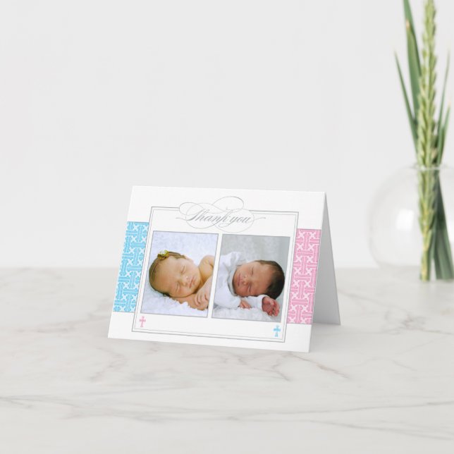 Photo Christening Thank You Card  |  Twins (Front)