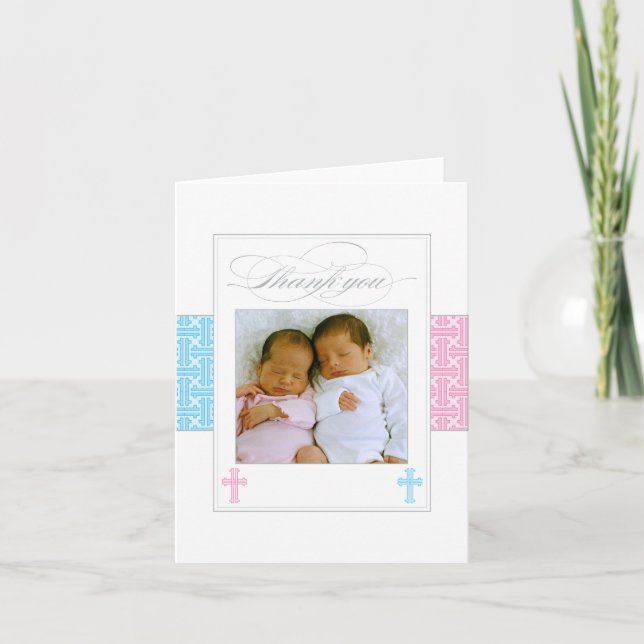 Photo Christening Thank You Card  |  Twins (Front)