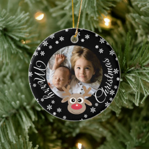 Photo Christmas Black Cute Reindeer White Script Ceramic Ornament