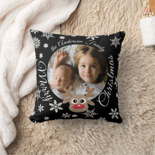 Photo Christmas Black Cute Reindeer White Script Cushion