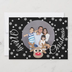 Photo Christmas Black Cute Reindeer White Script Holiday Card