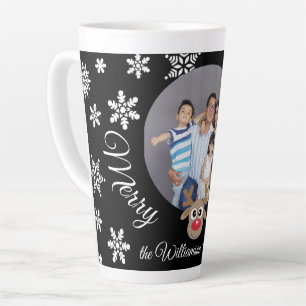 Photo Christmas Black Cute Reindeer White Script Latte Mug