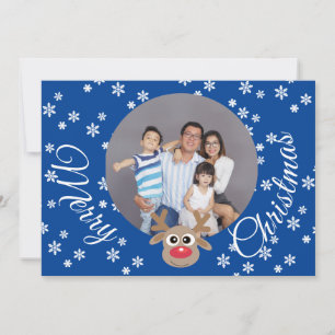 Photo Christmas Blue Cute Reindeer White Script Holiday Card