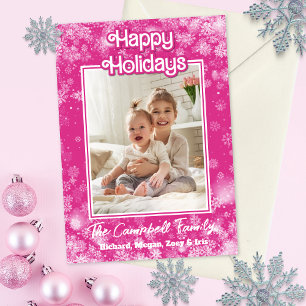 Photo Christmas Card   Hot Pink   Whimsical Flakes