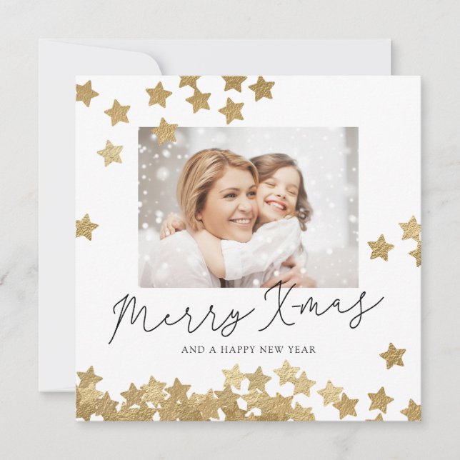 Photo Christmas Card with Golden Falling Stars (Front)